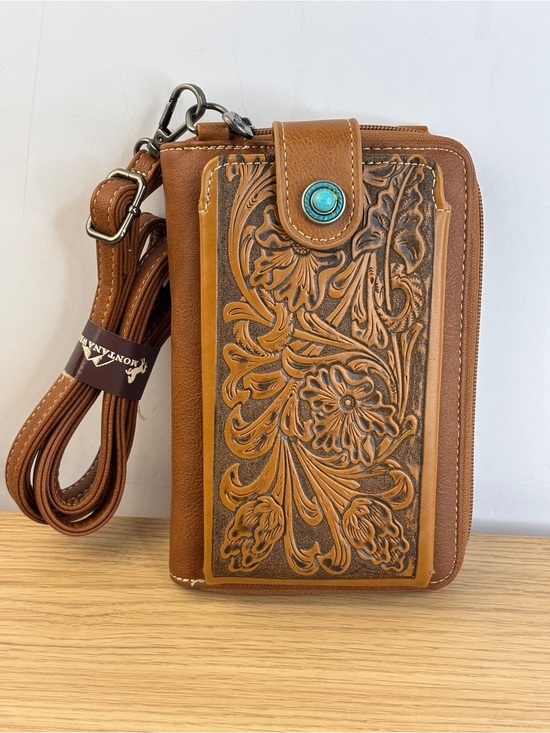 Montana West Handbags - Montana West Embossed Brown Faux Leather Phone Crossbody Wallet NEW!
